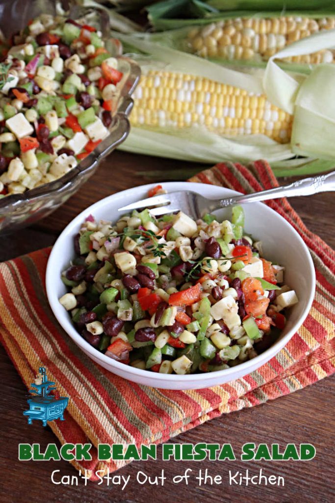 Black Bean Fiesta Salad | Can't Stay Out of the Kitchen | this quick & easy #MarinatedSalad is perfect for hot, #summer evenings when you don't want to heat your kitchen making a #SideDish. Also terrific for #potlucks, & #BackyardBarbecues. #GlutenFree #Corn #BlackBeans #salad #BlackBeanFiestaSalad