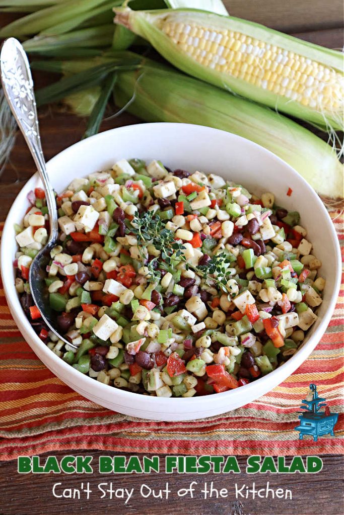 Black Bean Fiesta Salad | Can't Stay Out of the Kitchen | this quick & easy #MarinatedSalad is perfect for hot, #summer evenings when you don't want to heat your kitchen making a #SideDish. Also terrific for #potlucks, & #BackyardBarbecues. #GlutenFree #Corn #BlackBeans #salad #BlackBeanFiestaSalad