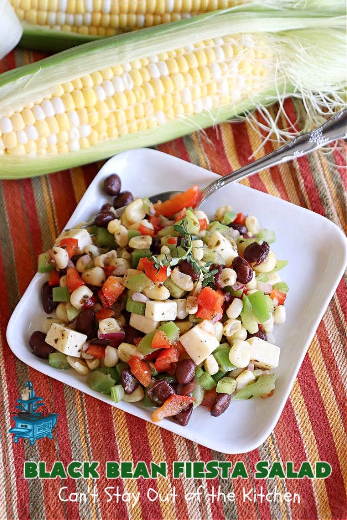 Black Bean Fiesta Salad | Can't Stay Out of the Kitchen | this quick & easy #MarinatedSalad is perfect for hot, #summer evenings when you don't want to heat your kitchen making a #SideDish. Also terrific for #potlucks, & #BackyardBarbecues. #GlutenFree #Corn #BlackBeans #salad #BlackBeanFiestaSalad