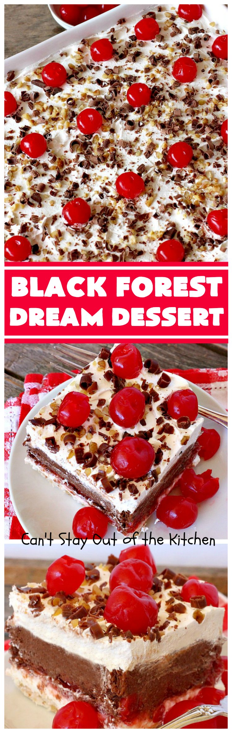 Black Forest Dream Dessert | Can't Stay Out of the Kitchen | this spectacular #dessert has a crust layer with #pecans & #coconut. It also has #cheesecake layer, a #cherrypiefilling layer, a vanilla pudding layer with melted #chocolatechips added, & a top layer with #CoolWhip, #maraschinocherries, #chocolate curls & chopped #pecans. Absolutely divine! #BlackForestDessert #CherryDessert #ChocolateDessert #ValentinesDay #ValentinesDayDessert #ChristmasDessert #CheesecakeDessert