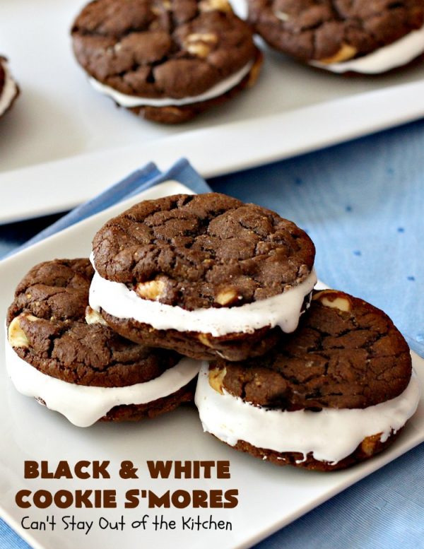 Black and White Cookie S'Mores | Can't Stay Out of the Kitchen | this fantastic #PaulaDeen #recipe includes #chocolate bars, #GrahamCrackers and #WhiteChocolateChips in the #cookie. Each one is put together with #MarshmallowCreme. These are the ultimate in #SmoresCookie! Great for #holiday #baking & #ChristmasCookieExchanges too. #Smores #dessert #SmoresDessert #BlackAndWhiteCookieSMores