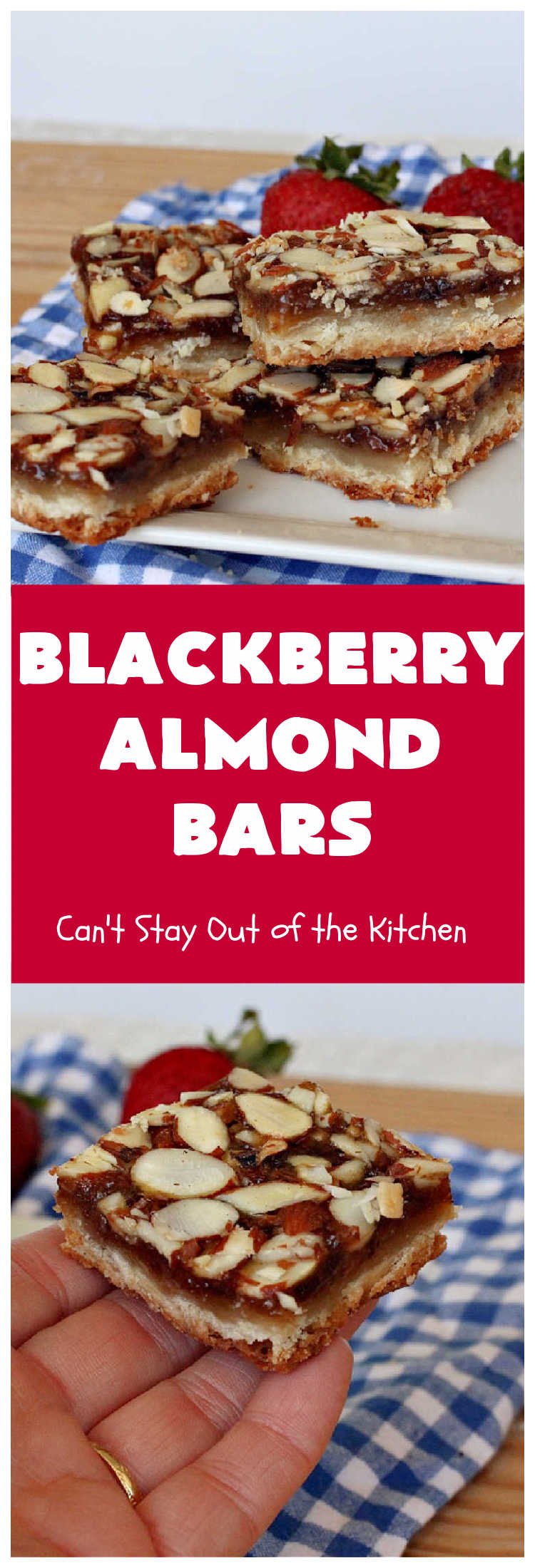 Blackberry Almond Bars | Can't Stay Out of the Kitchen | Your family will rave over these ooey, gooey delicious #dessert bars. The shortbread crust is topped with #blackberry filling and sliced #almonds. They're absolutely divine! Delightful for #tailgating parties, potlucks, backyard BBQs & #holiday baking. # #BlackberryDessert #BlackberryAlmondBars