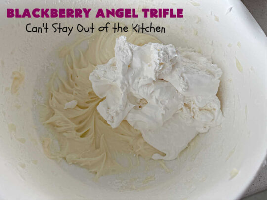 Blackberry Angel Trifle | Can't Stay Out of the Kitchen | this spectacular #dessert will wow your family & friends & have them swooning from the first magnificent bite! It's a captivating #BlackberryDessert that uses only #5Ingredients & includes an #AngelFoodCake, #CreamCheese & #BlackberryPieFilling. Perfect #TrifleDessert for #holidays & company. #BlackberryAngelTrifle #BlackberryAngelDessert