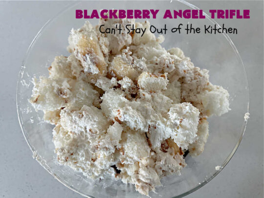 Blackberry Angel Trifle | Can't Stay Out of the Kitchen | this spectacular #dessert will wow your family & friends & have them swooning from the first magnificent bite! It's a captivating #BlackberryDessert that uses only #5Ingredients & includes an #AngelFoodCake, #CreamCheese & #BlackberryPieFilling. Perfect #TrifleDessert for #holidays & company. #BlackberryAngelTrifle #BlackberryAngelDessert