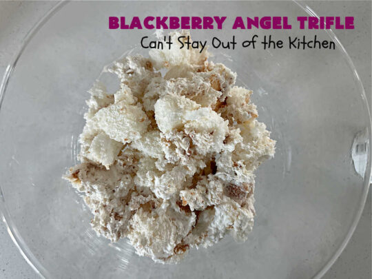 Blackberry Angel Trifle | Can't Stay Out of the Kitchen | this spectacular #dessert will wow your family & friends & have them swooning from the first magnificent bite! It's a captivating #BlackberryDessert that uses only #5Ingredients & includes an #AngelFoodCake, #CreamCheese & #BlackberryPieFilling. Perfect #TrifleDessert for #holidays & company. #BlackberryAngelTrifle #BlackberryAngelDessert