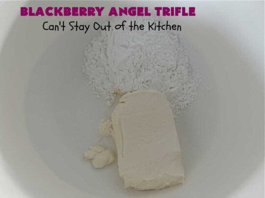 Blackberry Angel Trifle | Can't Stay Out of the Kitchen | this spectacular #dessert will wow your family & friends & have them swooning from the first magnificent bite! It's a captivating #BlackberryDessert that uses only #5Ingredients & includes an #AngelFoodCake, #CreamCheese & #BlackberryPieFilling. Perfect #TrifleDessert for #holidays & company. #BlackberryAngelTrifle #BlackberryAngelDessert