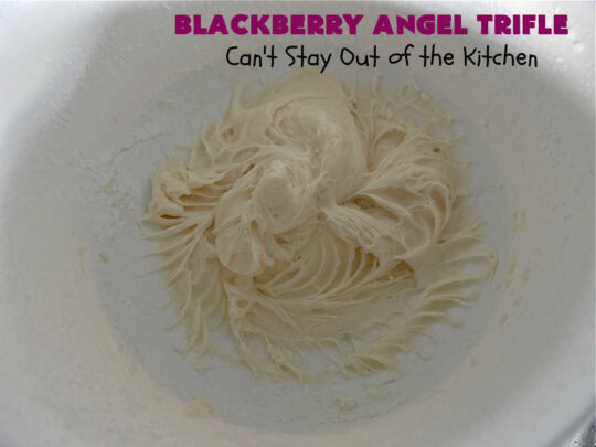 Blackberry Angel Trifle | Can't Stay Out of the Kitchen | this spectacular #dessert will wow your family & friends & have them swooning from the first magnificent bite! It's a captivating #BlackberryDessert that uses only #5Ingredients & includes an #AngelFoodCake, #CreamCheese & #BlackberryPieFilling. Perfect #TrifleDessert for #holidays & company. #BlackberryAngelTrifle #BlackberryAngelDessert