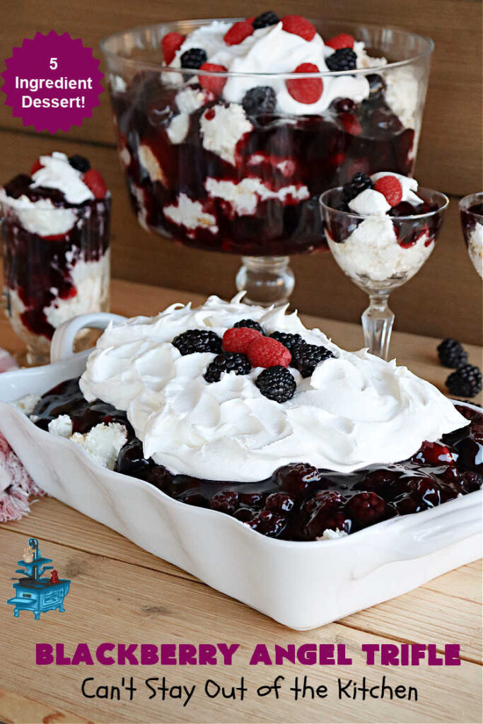 Blackberry Angel Trifle | Can't Stay Out of the Kitchen | this spectacular #dessert will wow your family & friends & have them swooning from the first magnificent bite! It's a captivating #BlackberryDessert that uses only #5Ingredients & includes an #AngelFoodCake, #CreamCheese & #BlackberryPieFilling. Perfect #TrifleDessert for #holidays & company. #BlackberryAngelTrifle #BlackberryAngelDessert