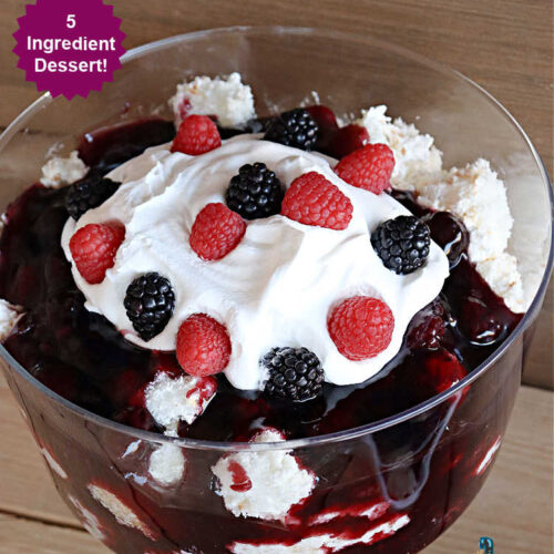 Blackberry Angel Trifle | Can't Stay Out of the Kitchen | this spectacular #dessert will wow your family & friends & have them swooning from the first magnificent bite! It's a captivating #BlackberryDessert that uses only #5Ingredients & includes an #AngelFoodCake, #CreamCheese & #BlackberryPieFilling. Perfect #TrifleDessert for #holidays & company. #BlackberryAngelTrifle #BlackberryAngelDessert