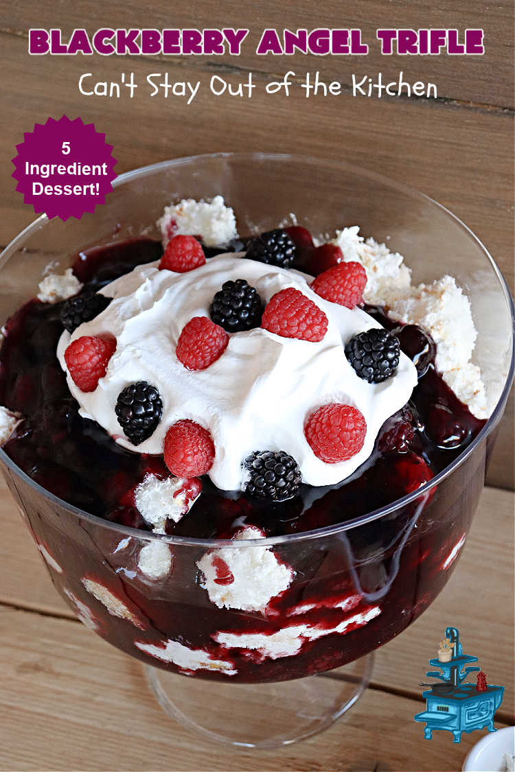 Blackberry Angel Trifle | Can't Stay Out of the Kitchen | this spectacular #dessert will wow your family & friends & have them swooning from the first magnificent bite! It's a captivating #BlackberryDessert that uses only #5Ingredients & includes an #AngelFoodCake, #CreamCheese & #BlackberryPieFilling. Perfect #TrifleDessert for #holidays & company. #BlackberryAngelTrifle #BlackberryAngelDessert