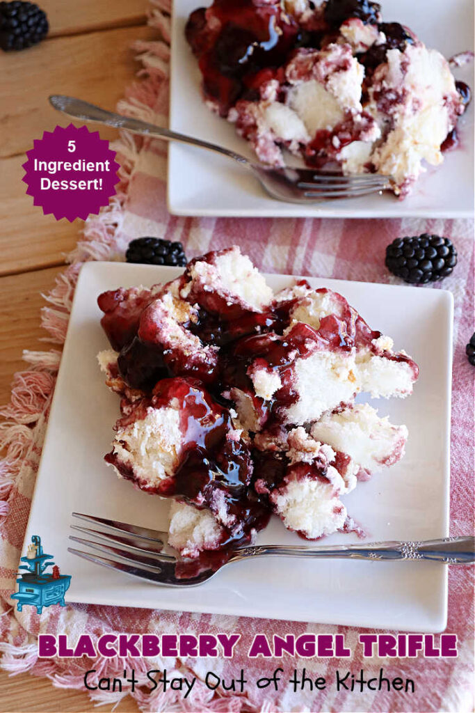 Blackberry Angel Trifle | Can't Stay Out of the Kitchen | this spectacular #dessert will wow your family & friends & have them swooning from the first magnificent bite! It's a captivating #BlackberryDessert that uses only #5Ingredients & includes an #AngelFoodCake, #CreamCheese & #BlackberryPieFilling. Perfect #TrifleDessert for #holidays & company. #BlackberryAngelTrifle #BlackberryAngelDessert