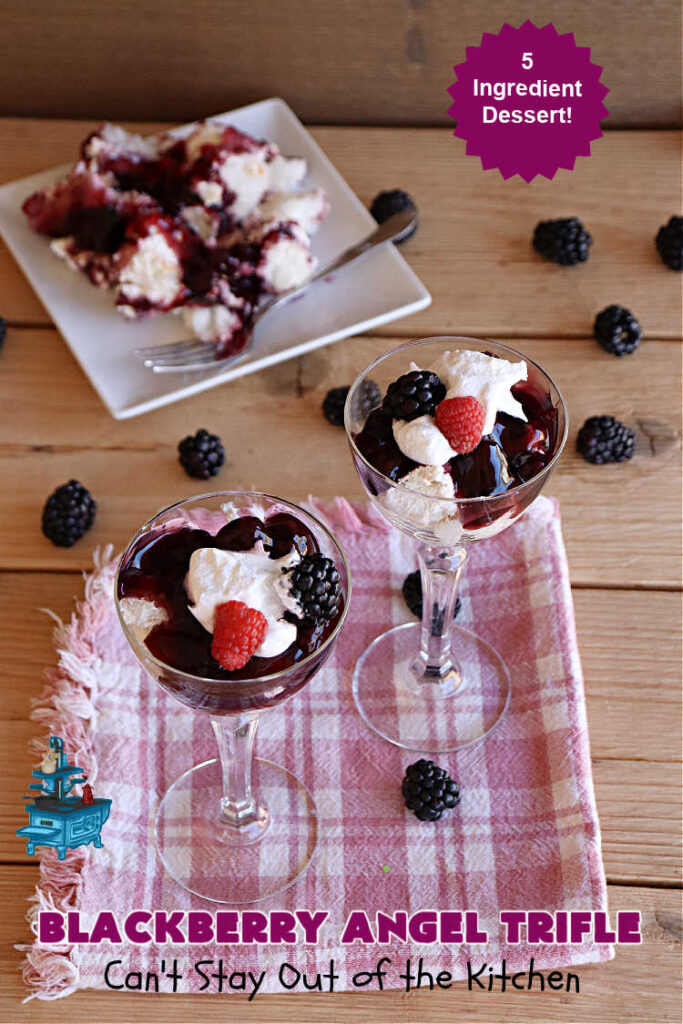 Blackberry Angel Trifle | Can't Stay Out of the Kitchen | this spectacular #dessert will wow your family & friends & have them swooning from the first magnificent bite! It's a captivating #BlackberryDessert that uses only #5Ingredients & includes an #AngelFoodCake, #CreamCheese & #BlackberryPieFilling. Perfect #TrifleDessert for #holidays & company. #BlackberryAngelTrifle #BlackberryAngelDessert