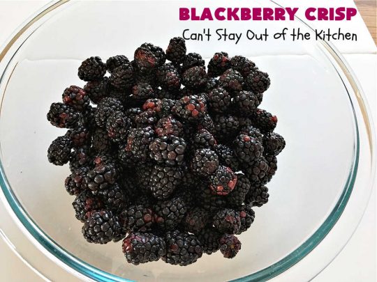 Blackberry Crisp | Can't Stay Out of the Kitchen | This #dessert is absolutely mouthwatering. It's terrific as a #summer #dessert, but #blackberries can be purchased year round now so it's great for any kind of #holiday, company or #potluck #dessert. #HolidayDessert #BlackberryDessert #BlackberryCrisp