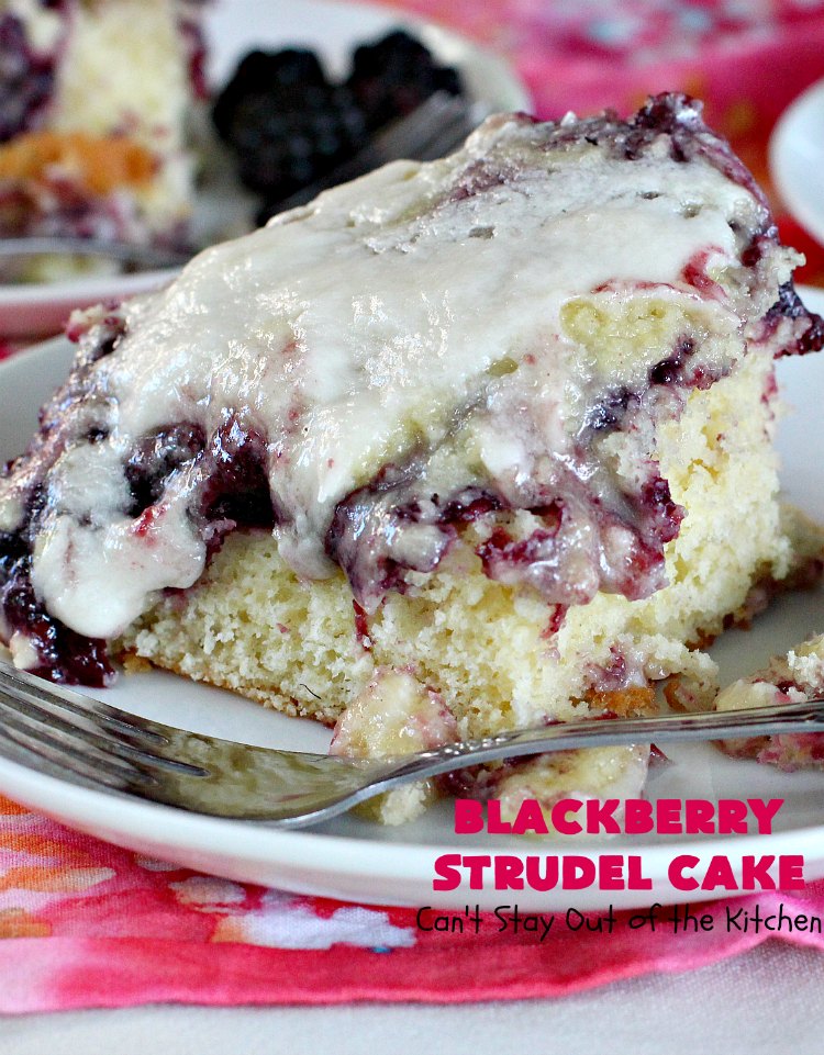 Blackberry Strudel Cake | Can't Stay Out of the Kitchen | this rich, decadent #cake is scrumptious & heavenly! It's perfect for either a #holiday #breakfast or for #dessert. It uses #BlackberryPieFilling in the middle, a streusel topping & icing with #almond extract. Tastes like eating #BlackberryStrudel but so much easier! #coffeecake #BlackberryCoffeecake #BlackberryCake #Brunch #HolidayBreakfast #BlackberryDessert #BlackberryStrudelCake
