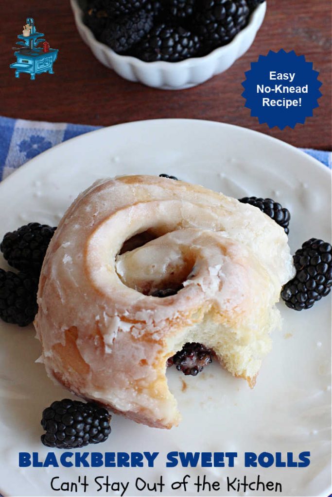 Blackberry Sweet Rolls | Can't Stay Out of the Kitchen | these luscious #SweetRolls are awesome! They're filled with #blackberries & glazed with a heavenly #ButtercreamIcing. Every bite will rock your world! Terrific for a weekend, company or #holiday #breakfast like #Thanksgiving or #Christmas. Plus, these are kneaded in the #breadmaker so they're so much easier than many #CinnamonRoll #recipes. #BlackberrySweetRolls