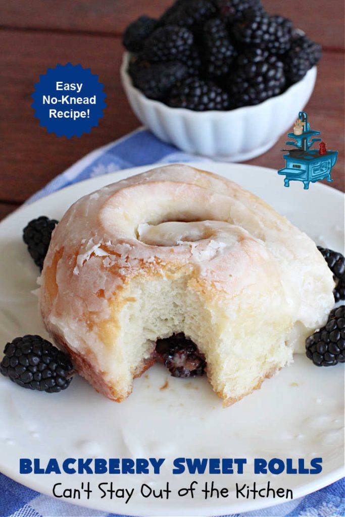 Blackberry Sweet Rolls | Can't Stay Out of the Kitchen | these luscious #SweetRolls are awesome! They're filled with #blackberries & glazed with a heavenly #ButtercreamIcing. Every bite will rock your world! Terrific for a weekend, company or #holiday #breakfast like #Thanksgiving or #Christmas. Plus, these are kneaded in the #breadmaker so they're so much easier than many #CinnamonRoll #recipes. #BlackberrySweetRolls