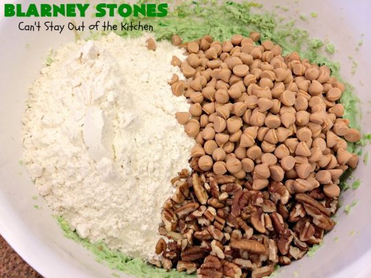 Blarney Stones | Can't Stay Out of the Kitchen | Enjoy the luck of the #Irish with these fantastic #cookies. They're made with #pecans, #PistachioPuddingMix, #AlmondExtract & #ButterscotchMorsels & are so mouthwatering. They are terrific for #tailgating or #holiday parties. #dessert #ChristmasCookieExchange #StPatricksDay #BlarneyStones