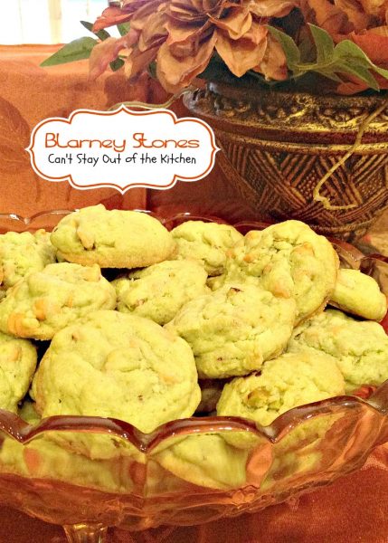 Blarney Stones | Can't Stay Out of the Kitchen | these fabulous #cookies use #butterscotchchips, #pistachios, #pistachiopuddingmix and almond extract for incredible flavor. Great for #holiday baking. #dessert