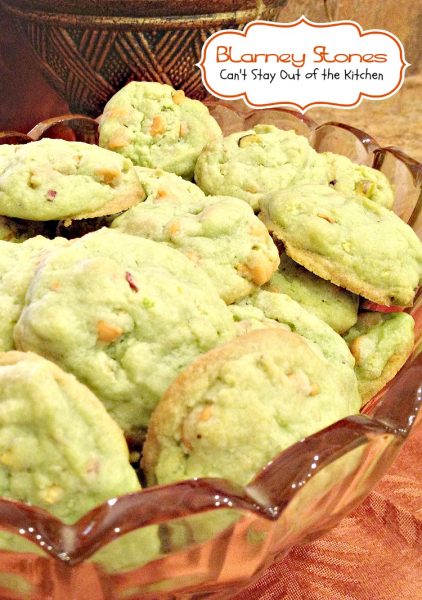 Blarney Stones | Can't Stay Out of the Kitchen | these fabulous #cookies use #butterscotchchips, #pistachios, #pistachiopuddingmix and almond extract for incredible flavor. Great for #holiday baking. #dessert