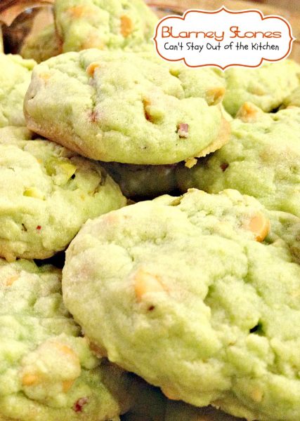 Blarney Stones | Can't Stay Out of the Kitchen | these fabulous #cookies use #butterscotchchips, #pistachios, #pistachiopuddingmix and almond extract for incredible flavor. Great for #holiday baking. #dessert