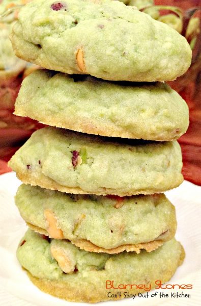 Blarney Stones | Can't Stay Out of the Kitchen | these fabulous #cookies use #butterscotchchips, #pistachios, #pistachiopuddingmix and almond extract for incredible flavor. Great for #holiday baking. #dessert