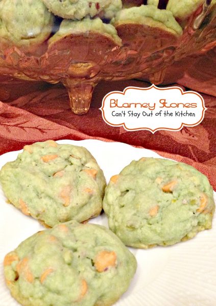 Blarney Stones | Can't Stay Out of the Kitchen | these fabulous #cookies use #butterscotchchips, #pistachios, #pistachiopuddingmix and almond extract for incredible flavor. Great for #holiday baking. #dessert