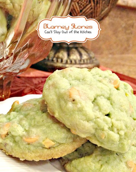 Blarney Stones | Can't Stay Out of the Kitchen | these fabulous #cookies use #butterscotchchips, #pistachios, #pistachiopuddingmix and almond extract for incredible flavor. Great for #holiday baking. #dessert