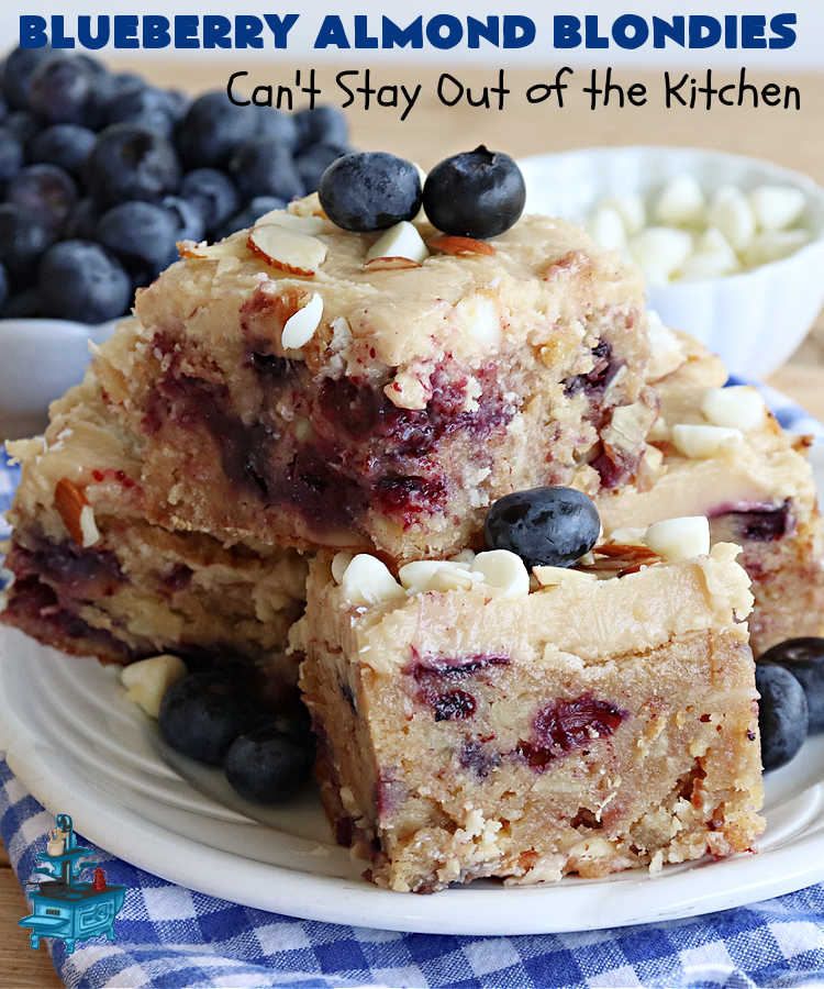 Blueberry Almond Blondies | Can't Stay Out of the Kitchen | these rich, decadent, drool-worthy #blondies will have you swooning from the first bite. They're filled with #blueberries, #almonds, #VanillaChips & made with #BrownedButter in the batter & the icing. Great for #tailgating parties, #BackyardBarbecue, or potlucks. Be prepared: these #cookies are addictive. You'll want more than one! #dessert #BlueberryAlmondBlondies