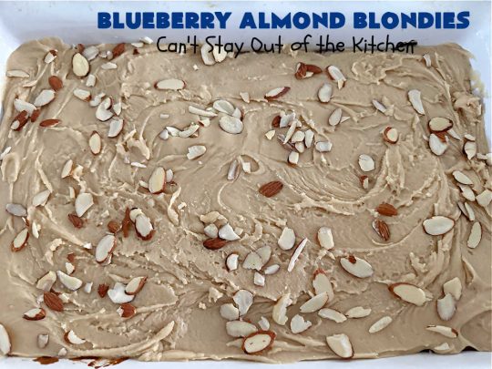 Blueberry Almond Blondies | Can't Stay Out of the Kitchen | these rich, decadent, drool-worthy #blondies will have you swooning from the first bite. They're filled with #blueberries, #almonds, #VanillaChips & made with #BrownedButter in the batter & the icing. Great for #tailgating parties, #BackyardBarbecue, or potlucks. Be prepared: these #cookies are addictive. You'll want more than one! #dessert #BlueberryAlmondBlondiesBlueberry Almond Blondies | Can't Stay Out of the Kitchen | these rich, decadent, drool-worthy #blondies will have you swooning from the first bite. They're filled with #blueberries, #almonds, #VanillaChips & made with #BrownedButter in the batter & the icing. Great for #tailgating parties, #BackyardBarbecue, or potlucks. Be prepared: these #cookies are addictive. You'll want more than one! #dessert #BlueberryAlmondBlondies