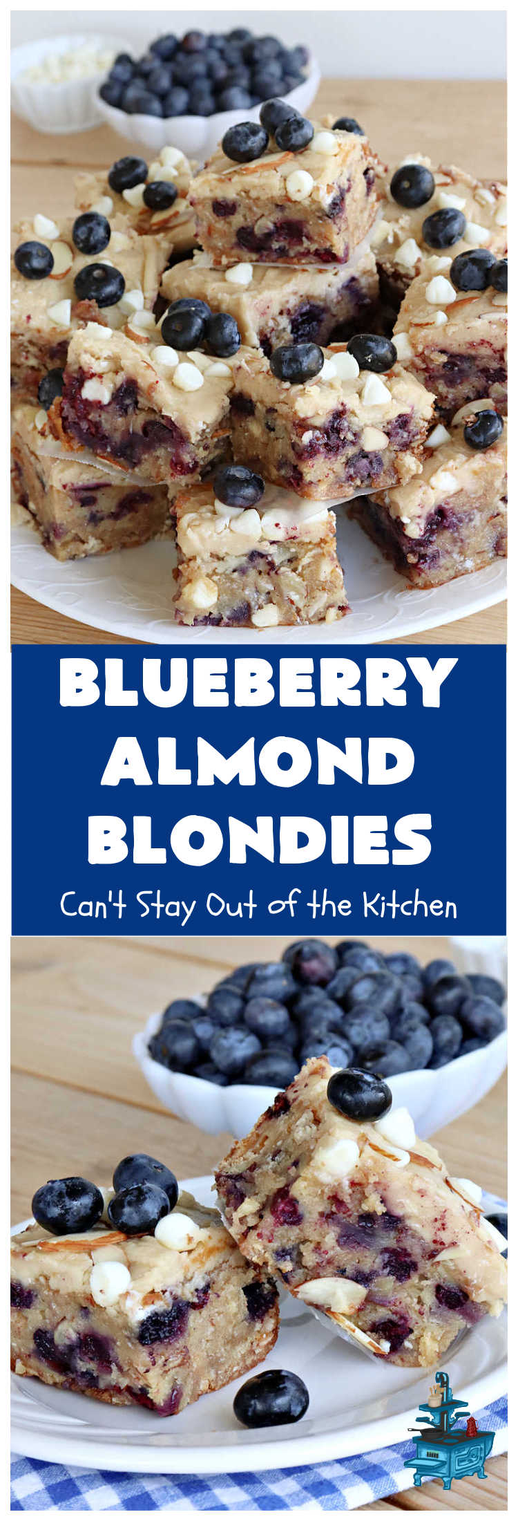 Blueberry Almond Blondies | Can't Stay Out of the Kitchen | these rich, decadent, drool-worthy #blondies will have you swooning from the first bite. They're filled with #blueberries, #almonds, #VanillaChips & made with #BrownedButter in the batter & the icing. Great for #tailgating parties, #BackyardBarbecue, or potlucks. Be prepared: these #cookies are addictive. You'll want more than one! #dessert #BlueberryAlmondBlondies