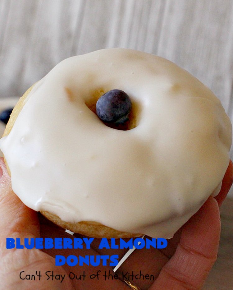 Blueberry Almond Donuts | Can't Stay Out of the Kitchen | these fabulous #blueberry #donuts include #almond extract in both the donut and the icing. They are outrageously delicious! I've made these 3 times & everyone always loves them. #blueberries #BlueberryDonuts #breakfast #Holiday #HolidayBreakfast
