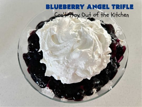 Blueberry Angel Trifle | Can't Stay Out of the Kitchen | this spectacular #dessert uses only 5 ingredients! It's super easy to whip up & is so rich and decadent that you'll be left with only crumbs! Everyone RAVES over this heavenly #BlueberryAngelDessert. Great for company or #holidays. #AngelFoodCake #blueberries #BlueberryPieFilling #CreamCheese #BlueberryAngelTrifle