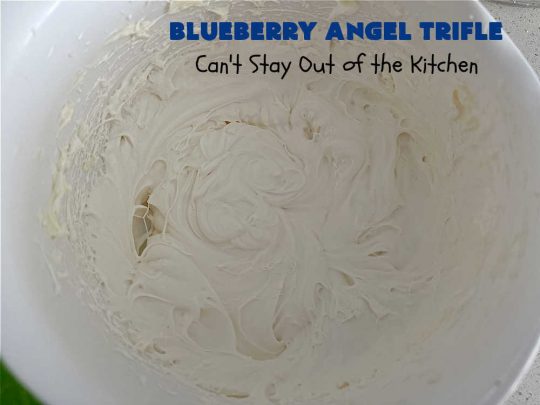 Blueberry Angel Trifle | Can't Stay Out of the Kitchen | this spectacular #dessert uses only 5 ingredients! It's super easy to whip up & is so rich and decadent that you'll be left with only crumbs! Everyone RAVES over this heavenly #BlueberryAngelDessert. Great for company or #holidays. #AngelFoodCake #blueberries #BlueberryPieFilling #CreamCheese #BlueberryAngelTrifle