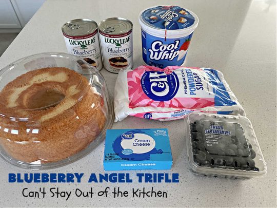 Blueberry Angel Trifle | Can't Stay Out of the Kitchen | this spectacular #dessert uses only 5 ingredients! It's super easy to whip up & is so rich and decadent that you'll be left with only crumbs! Everyone RAVES over this heavenly #BlueberryAngelDessert. Great for company or #holidays. #AngelFoodCake #blueberries #BlueberryPieFilling #CreamCheese #BlueberryAngelTrifle