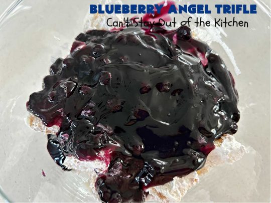 Blueberry Angel Trifle | Can't Stay Out of the Kitchen | this spectacular #dessert uses only 5 ingredients! It's super easy to whip up & is so rich and decadent that you'll be left with only crumbs! Everyone RAVES over this heavenly #BlueberryAngelDessert. Great for company or #holidays. #AngelFoodCake #blueberries #BlueberryPieFilling #CreamCheese #BlueberryAngelTrifle