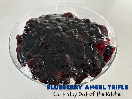 Blueberry Angel Trifle | Can't Stay Out of the Kitchen | this spectacular #dessert uses only 5 ingredients! It's super easy to whip up & is so rich and decadent that you'll be left with only crumbs! Everyone RAVES over this heavenly #BlueberryAngelDessert. Great for company or #holidays. #AngelFoodCake #blueberries #BlueberryPieFilling #CreamCheese #BlueberryAngelTrifle