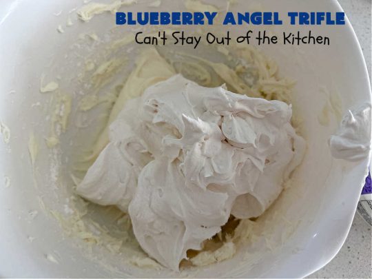 Blueberry Angel Trifle | Can't Stay Out of the Kitchen | this spectacular #dessert uses only 5 ingredients! It's super easy to whip up & is so rich and decadent that you'll be left with only crumbs! Everyone RAVES over this heavenly #BlueberryAngelDessert. Great for company or #holidays. #AngelFoodCake #blueberries #BlueberryPieFilling #CreamCheese #BlueberryAngelTrifle