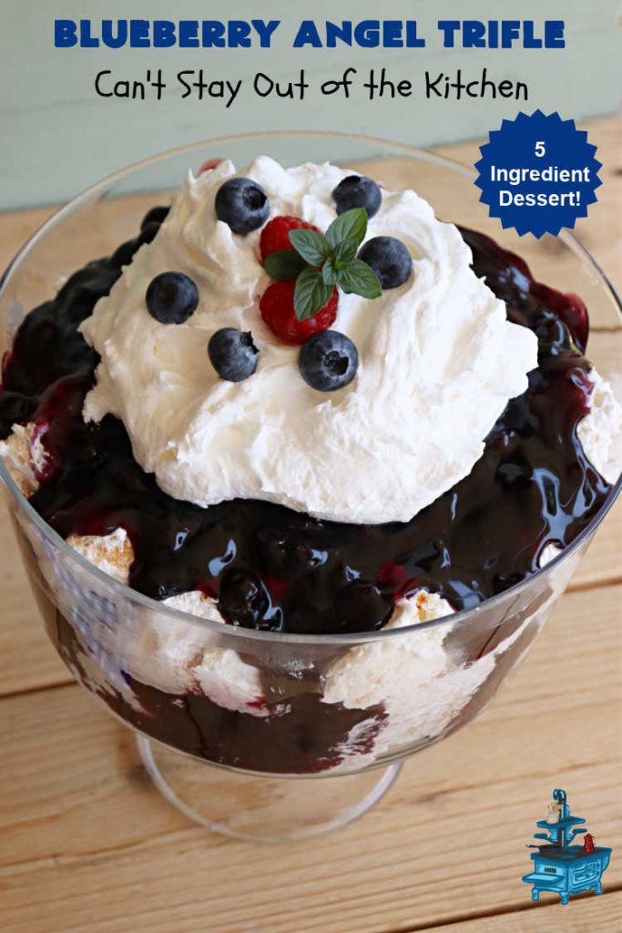 Blueberry Angel Trifle | Can't Stay Out of the Kitchen | this spectacular #dessert uses only 5 ingredients! It's super easy to whip up & is so rich and decadent that you'll be left with only crumbs! Everyone RAVES over this heavenly #BlueberryAngelDessert. Great for company or #holidays.  #AngelFoodCake #blueberries #BlueberryPieFilling #CreamCheese #BlueberryAngelTrifle