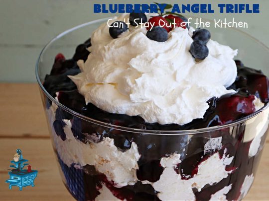 Blueberry Angel Trifle | Can't Stay Out of the Kitchen | this spectacular #dessert uses only 5 ingredients! It's super easy to whip up & is so rich and decadent that you'll be left with only crumbs! Everyone RAVES over this heavenly #BlueberryAngelDessert. Great for company or #holidays. #AngelFoodCake #blueberries #BlueberryPieFilling #CreamCheese #BlueberryAngelTrifle