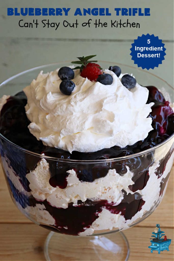 Blueberry Angel Trifle | Can't Stay Out of the Kitchen | this spectacular #dessert uses only 5 ingredients! It's super easy to whip up & is so rich and decadent that you'll be left with only crumbs! Everyone RAVES over this heavenly #BlueberryAngelDessert. Great for company or #holidays. #AngelFoodCake #blueberries #BlueberryPieFilling #CreamCheese #BlueberryAngelTrifle