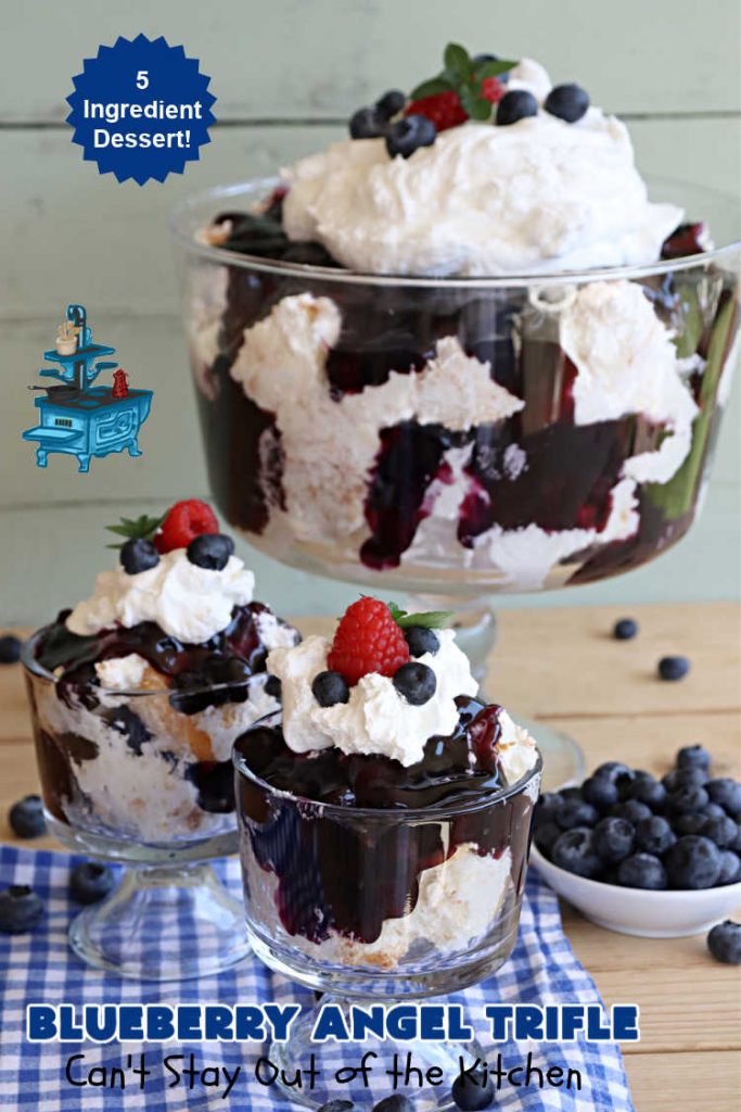 Blueberry Angel Trifle | Can't Stay Out of the Kitchen | this spectacular #dessert uses only 5 ingredients! It's super easy to whip up & is so rich and decadent that you'll be left with only crumbs! Everyone RAVES over this heavenly #BlueberryAngelDessert. Great for company or #holidays. #AngelFoodCake #blueberries #BlueberryPieFilling #CreamCheese #BlueberryAngelTrifle