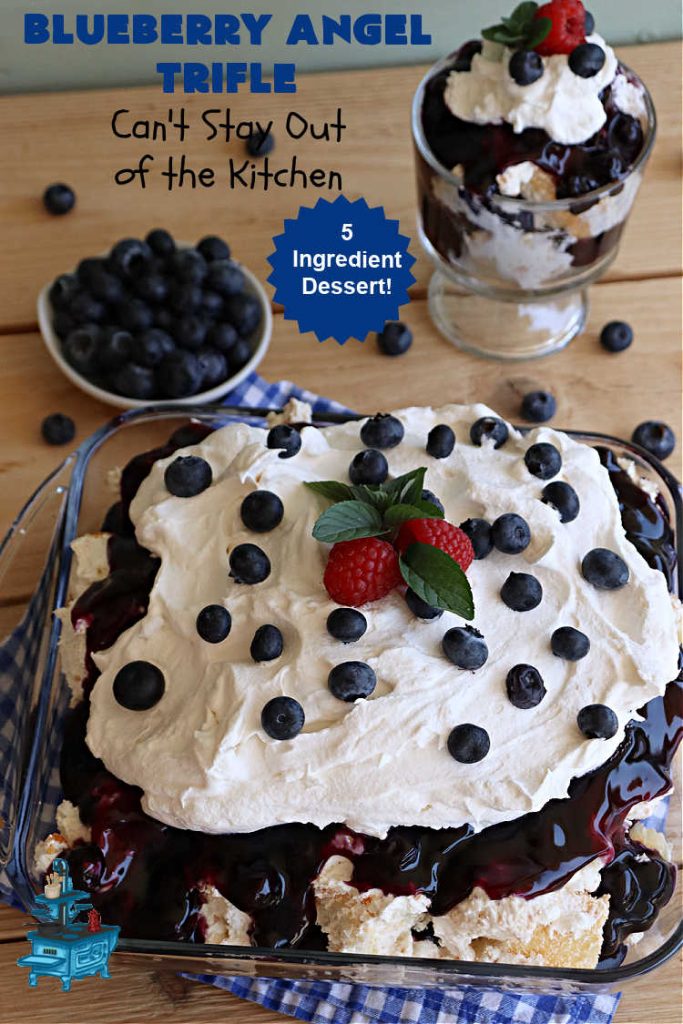 Blueberry Angel Trifle | Can't Stay Out of the Kitchen | this spectacular #dessert uses only 5 ingredients! It's super easy to whip up & is so rich and decadent that you'll be left with only crumbs! Everyone RAVES over this heavenly #BlueberryAngelDessert. Great for company or #holidays. #AngelFoodCake #blueberries #BlueberryPieFilling #CreamCheese #BlueberryAngelTrifle