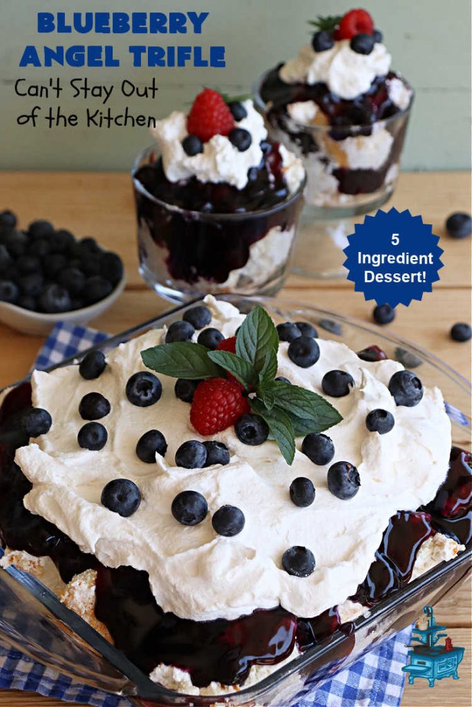 Blueberry Angel Trifle | Can't Stay Out of the Kitchen | this spectacular #dessert uses only 5 ingredients! It's super easy to whip up & is so rich and decadent that you'll be left with only crumbs! Everyone RAVES over this heavenly #BlueberryAngelDessert. Great for company or #holidays. #AngelFoodCake #blueberries #BlueberryPieFilling #CreamCheese #BlueberryAngelTrifle