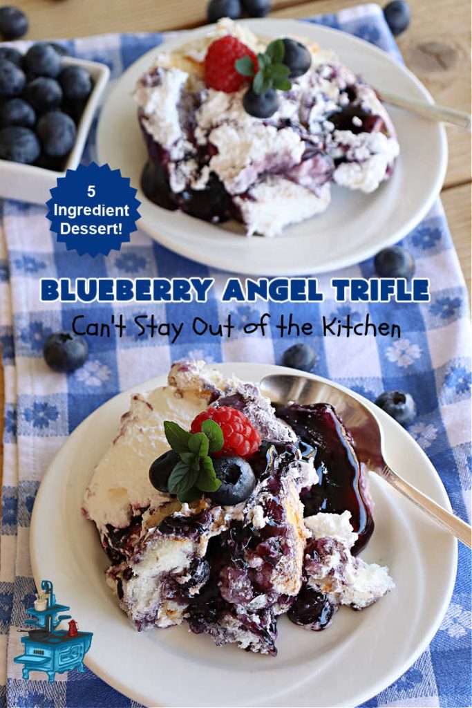 Blueberry Angel Trifle | Can't Stay Out of the Kitchen | this spectacular #dessert uses only 5 ingredients! It's super easy to whip up & is so rich and decadent that you'll be left with only crumbs! Everyone RAVES over this heavenly #BlueberryAngelDessert. Great for company or #holidays. #AngelFoodCake #blueberries #BlueberryPieFilling #CreamCheese #BlueberryAngelTrifle