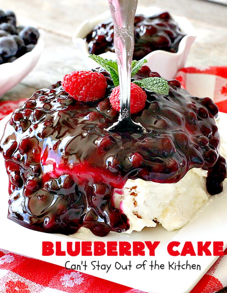 Blueberry Cake | Can't Stay Out of the Kitchen | this luscious #cake #recipe uses only 8 ingredients. It's really easy but so incredibly scrumptious. It has a cream cheese frosting & it's covered with #blueberrypiefilling. Perfect for #FourthofJuly potlucks, too. #dessert #blueberry 