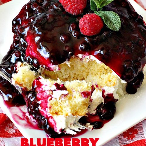 Blueberry Cake | Can't Stay Out of the Kitchen | this luscious #cake #recipe uses only 8 ingredients. It's really easy but so incredibly scrumptious. It has a cream cheese frosting & it's covered with #blueberrypiefilling. Perfect for #FourthofJuly potlucks, too. #dessert #blueberry