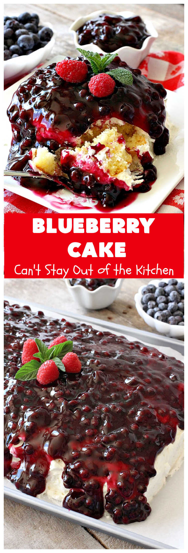 Blueberry Cake | Can't Stay Out of the Kitchen | this luscious #cake #recipe uses only 8 ingredients. It's really easy but so incredibly scrumptious. It has a #CreamCheese frosting & it's covered with #BlueberryPieFilling. Perfect for #holidays  like #MothersDay, #FathersDay, #MemorialDay or #FourthofJuly too. #dessert #blueberry #BlueberryCake