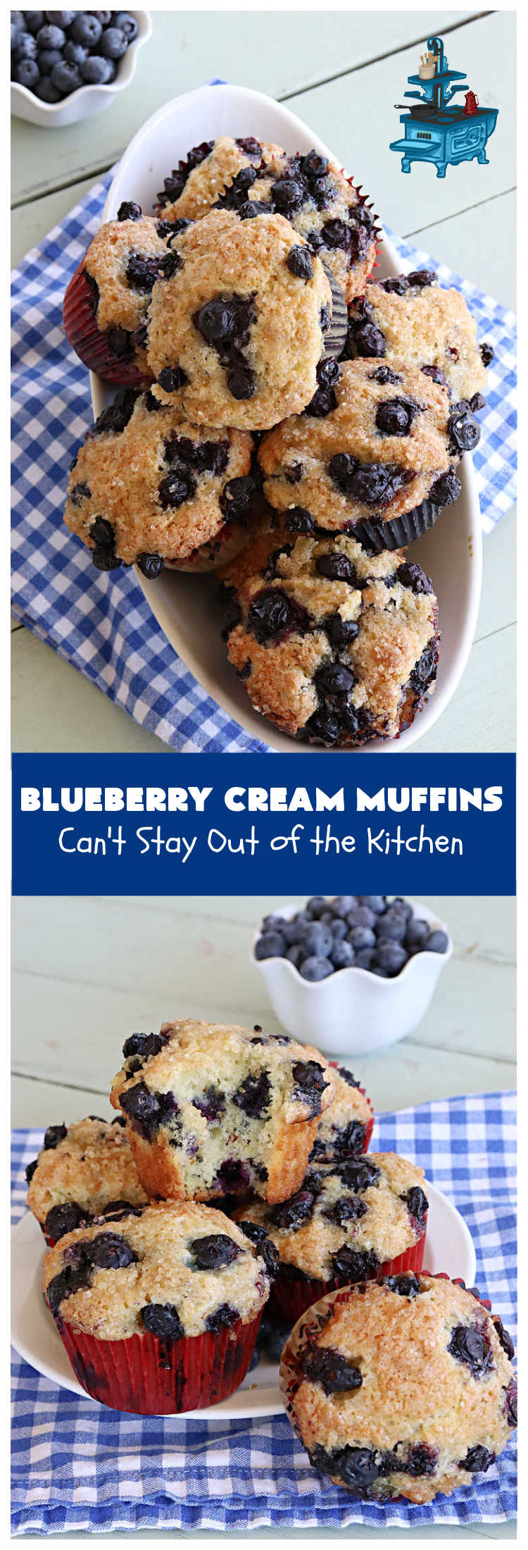 Blueberry Cream Muffins | Can't Stay Out of the Kitchen | these delectable #muffins are just bursting with #blueberries--in the batter & on top! They're terrific for a weekend, company or #holiday #breakfast. Be prepared! Everyone will want seconds. #HolidayBreakfast #BlueberryCream Muffins