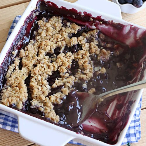 Blueberry Crisp | Can't Stay Out of the Kitchen | This delectable #blueberry #dessert uses #BlueberryPieFilling on the bottom & a lovely #Oatmeal #Streusel topping. It's best served right out of the oven & with a scoop of #VanillaIceCream! This delicious #BlueberryDessert is great for company or potlucks & will surely rock your world! #BlueberryCrisp