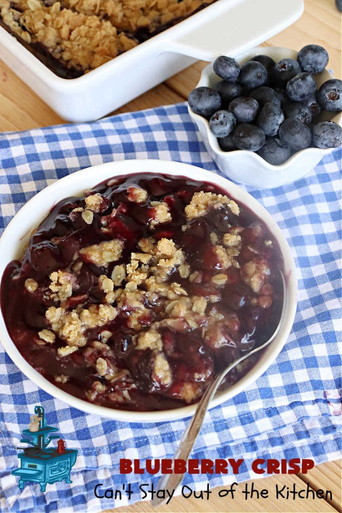 Blueberry Crisp | Can't Stay Out of the Kitchen | This delectable #blueberry #dessert uses #BlueberryPieFilling on the bottom & a lovely #Oatmeal #Streusel topping. It's best served right out of the oven & with a scoop of #VanillaIceCream! This delicious #BlueberryDessert is great for company or potlucks & will surely rock your world! #BlueberryCrisp